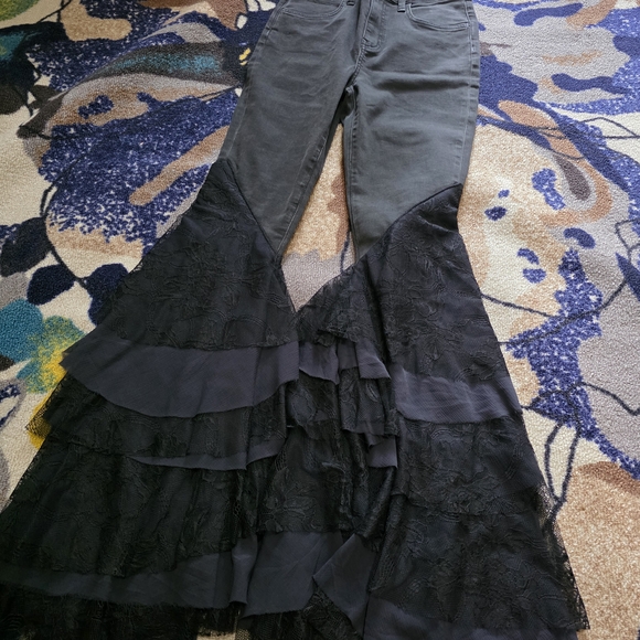 Free People Denim - Free People Black Layered Lace Flare Jeans